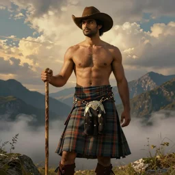 an dramatic epic beautiful painting of a shirtless handsome desi man | he is wearing a plaid scottish kilt and cowboy hat, and holding a walking stick | background is mountains and clouds | dramatic lighting, golden hour, homoerotic, highly detailed | by mark maggiori and walter crane | trending on artstation