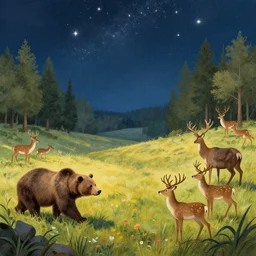 primordial nature stars happy grand deer wilderness animals fields woodlands bears llustration sharp focus sunlit vista starlight painted ruan jia raymond swanland lawrence alma tadema zdzislaw beksinski norman rockwell tom lovell alex malveda greg staples