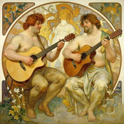 2 beefy attractive men playing music, painting by gaston bussiere, craig mullins, greg rutkowski, alphonse mucha