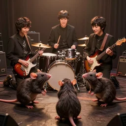 rats playing in a rock band inspired by the beatles, wholesome, sharp, rendered in unreal engine 5, art by greg rutkowski, bloom, dramatic lighting, brown pallete