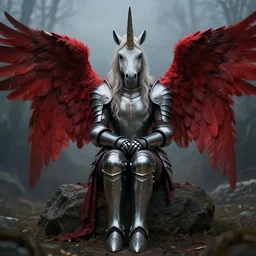 sad woman hybrid unicorn horn and red feathery wings, calm, melancholy scenery, full body armor, metallic, ultrarrealistic, cinematic lights, high detail, fantasy classic digital art, ryman