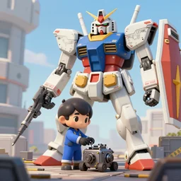 cute mechanic wearing coveralls working on a small part of a giant mecha, sci - fi, gundam, wide shot, digital art, detailed