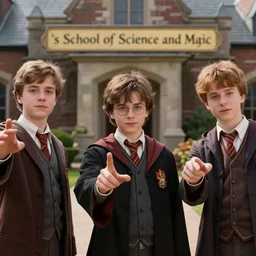 sharp, highly detailed, high quality freeze frame, from a 2 0 1 9 sci fi color movie, set in 1 8 5 0 in an alternate universe, mid distant shot of three students practicing magic, outside the'school of science and magic ', 1 8 5 0 s era clothing, good lighting, in focus, detailed eyes, live action, award winning lighting, award winning photography