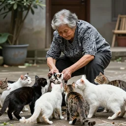 an old lady being mauled by a swarm of cats