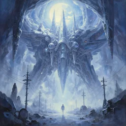 infinitely detailed towering anime dream world cold colors and bright dawn elysium mothership crystal radiation retribution scarce color palette cold power-line alienated scenery in a dream subconscious cavern balanced sacred geometry cold subtle mist painted by Makoto Shinkai palettes of moon dusk and dream fantasy canvas carefully structured abstract expressionism oil painting by  Eemre Aaa (2041)