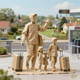 a perfect abstract sculpture of a family going on a package holiday, wrapped in brown paper, hurrying through airport security as if they had not a care in the world. as they leave behind a wake of destruction in their suburban paradise.
