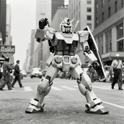 old black and white photo, 1 9 1 3, depicting a diesel gundam rampaging through the bustling streets of new york city, historical record