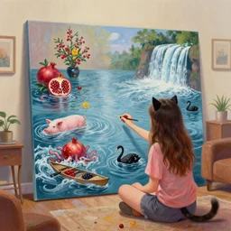 emo catgirl art student in her lounge room, painting of flood waters inside an artist's loungeroom, a river flooding indoors, pomegranates, pigs, ikebana, water, octopus, river, rapids, waterfall, black swans, canoe, berries, acrylic on canvas, surrealist, by magritte and monet