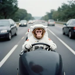 3 5 mm film, an astronaut monkey, driving on a highway full of cars at high speed, photorealistic, c 6