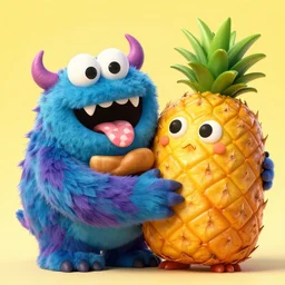 a demon bagel monster with fangs and a polka dot tongue is best friends with a pineapple monster and are giving each other hugs stylized as comedy and cute hyperrealistic