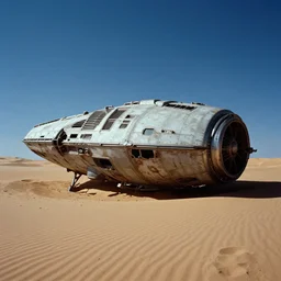 Remains of a derelict space carrier in dunes on an alien planet, cinematic angle, cinematic lighting, blue sky, by Syd Mead, John Harris, Federico Pelat, Star Citizen, Battlestar Galactica