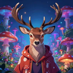 anime 4 k headshot portrait of a psychedelic demonic anthropomorphic deer with mushroom themed clothes, magic mushroom village in background by jeff easley, award winning, stylized neon, post - processing, masterpiece, superb resolution. in the art style of junji ito and greg rutkowski. detailed mushroom city in background. hyper realistic anime. perfect art. dalle 2