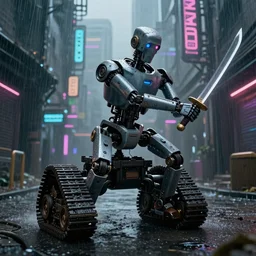 an old robot with treads swinging a samurai sword. Rainy Grungy neon cyberpunk alleyways in the background Badass pose , Photo realistic , Gregory Crewdson , Award winning. Masterpiece, exquisite detail, post processing