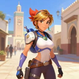 portrait of tracer from overwatch travels in tetouan streets, morocco, mosque, highly detailed, digital painting, artstation, concept art, smooth, sharp focus, illustration, art by artgerm and greg rutkowski and alphonse mucha