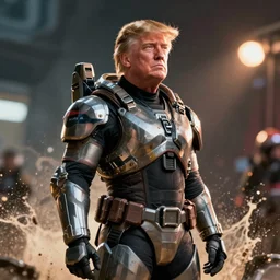 Donald Trump as Masterchief in gears of war, donald trump maga, splash art, movie still, cinematic lighting, dramatic, octane render, long lens, shallow depth of field, bokeh, anamorphic lens flare, 8k, hyper detailed, 35mm film grain