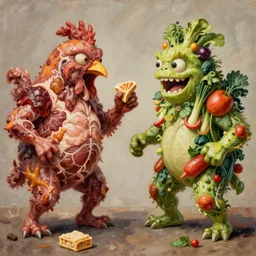a high detailed painting of a monster made of meat, chicken and junk food fighting a monster made of vegetables and fruits, surrealism, magic realism bizarre art