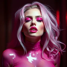 a sexy seductive portrait of lady gaga wearing transparent pink latex with soft rembrandt lighting, hajime sorayama
