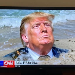 cnn news footage of giant donald trump, blond hair being washed up on shore, view from above, tv