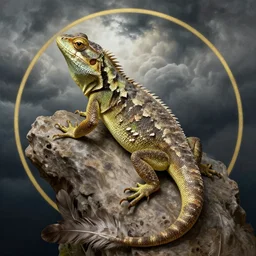 lizard portrait, hudson river school, storm clouds, feathers, d & d, fantasy, greg rutkowski, alphonse mucha, high quality, realistic, elegant