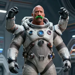 cinematic portrait of fat cyborg dwayne johnson in futuristic spacesuit, green moustache, has 6 arms, space station at background, high detail, 8 k, sharp focus, movie still, dramatic lighting, ray tracing, smooth, lane brown, finnstark, oleg bulakh, diego fazio, mike dargas, emanuele dascanio, felix englund, michal karcz