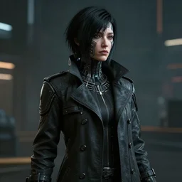 black haired woman in a trench coat in a black cyberpunk 2 0 7 7, intricate, highly detailed, face enhance, realistic