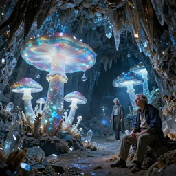 hyper realistic gorgeous lighting, highly detailed, crystal cave with magic glowing giant mushrooms by zdzisław beksinski and norman rockwell and greg rutkowskiweta studio, and lucasfilm