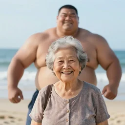 a smiling lovely cute granny with a super strong man at the beach. editorial photography