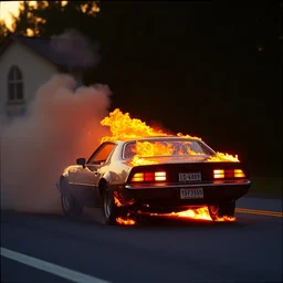 car on fire, golden hour, 8 k, shot on film camera