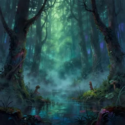 artistic swamp with mystic fog, horror movies, art station, mysterious, masterpiece, adams family, colorful