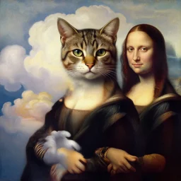 , by Ross Tran, Norman Rockwell, and Leonardo da Vinci. The painting has: Beautiful clouds|whole cat body|strong facial features|Trending on Artstation