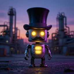 tiny capitalist robot in the dark wearing a top hat, hrd, hyperrealistic, hyper detailed, tiny, lights, yellow, purple, blue, top hat, moustache, dusk, industrial background, factories, sky, hd, hdr, render, tall hat