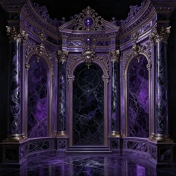 baroque neoclassicist renaissance halls decorated with purple and black obsidian sci - fi colorful chrome textures. reflective detailed textures. gloomy black background. highly detailed fantasy science fiction painting by james mccarthy, moebius, norman rockwell, frank frazetta, and syd mead. rich colors, high contrast. artstation