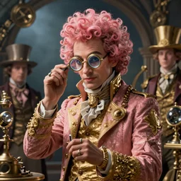 steampunk surgeon with intricate eyeglasses, curly hair, pink and gold, willy wonka, by Anato Finnstark, Tom Bagshaw, Brom