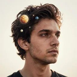 A portrait of a man with a solar system around the head, backlight, volumetric lighting, detailed, trending on artstation, 8k, octane render