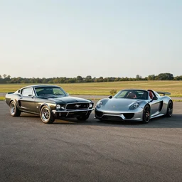 a 1 9 6 7 ford mustang fastback mixed with a 2 0 1 5 porsche 9 1 8 spyder, professional photography, wide - angle
