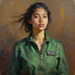 detailed portrait in daring femininity, ethnic, statuesque, confident realistic face, flight suit, bathed in morning light, chiaroscuro, radiosity, brushy impressionism, sense of motion, natural color scheme with contrasting highlights, burnt umber emerald green and mustard, modern fashion, contemporary art, deep rich hues, oil on canvas
