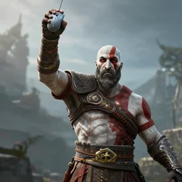 in game screenshot of kratos!!! victoriously holding up a computer mouse raising a computer mouse in the air holding a mouse mouse pc mouse!!! in the new god of war video game, 4 k