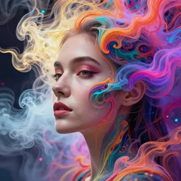 a beautiful woman engulfed in colorful liquid smoke and neon clouds, a colorful psychedelic experience, dmt, lsd, face, delicate, highly detailed, digital painting, artstation, concept art, smooth, sharp focus, illustration, digital art by hana yata, and artem demura and beeple, alphonse mucha, octane render, unreal engine, 8 k, glitch art