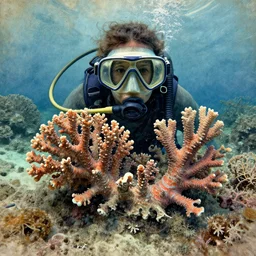 coral life nuanced shading stunning extravagant rocky sea floor glimmering thin contours mixed media aged fresco, abandoned scuba visor expensive illustration