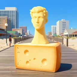 portrait of a person made of cheese, located on a boardwalk in atlantic city, by frank frazetta, yoji shinkawa, james jean, banksy, beeple, stik, jeff koons, takashi murakami, gary baseman, jim lee, ryan ottley, quentin tarantino film, a 1 one, shepard fairey