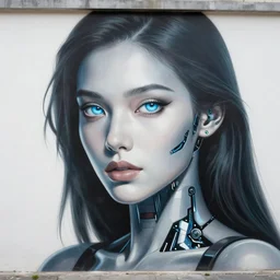 beautiful mural of a young cyborg queen, piercing glowing robot eyes, elegant, striking composition, highly detailed ornate sci fi background, mural in the style of sandro botticelli, caravaggio, albrecth durer, 8k