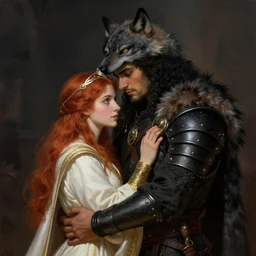 A young male barbarian, with black armor and pelt, wolf hat, black curly hair and short beard, embraces her young female healer, in white and gold robes, red long straight hair, and shiny circlet. Romance, beautiful, dark fantasy, by Frank Franzetta, matte painting, trending in artstation artstationHD, artstationHQ, cgsociety, detailed faces, ultra HD, 8k