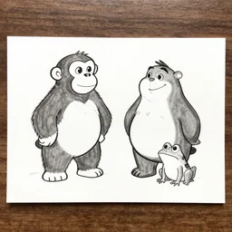 drawing from 1 9 2 0's disney animation, white paper, black & white monkey polar bear, fat rabbit frog