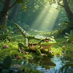 a dinosaur frog, illuminated manuscript, crepuscular rays, water, roaming a lush landscape