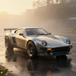 parked fallout 5, retro futuristic vintage polished sports car, fog, rain, volumetric lighting, beautiful, golden hour, sharp focus, highly detailed, cgsociety