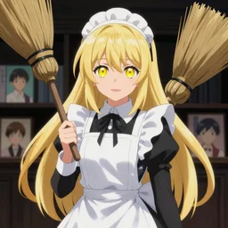 pixiv artwork portrait of marisa kirisame from touhou project, marisa kirisame touhou artwork by greg rutkowski makoto shinkai key art studio ghibli kyoto animation 4 k 8 k ultrahd trending award winning black hat broom blonde hair finely detailed yellow eyes maid dress white apron