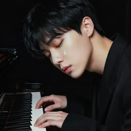 harmony of, mute, portrait of black haired yoongi eyes closed playing piano in a black room, neon absinthe tears ( portrait of yoongi bts blood sweat & tears ) by wlop, james jean, victo ngai, beautifully lit, muted colors, highly detailed, fantasy art by craig mullins, thomas kinkade