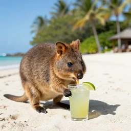 “a quokka drinking a margarita on a tropical beach, Leica, 35mm, f3”