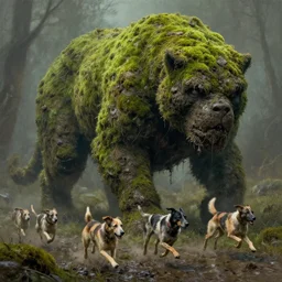 Dogs running from a Overpopulated Moss Monster, The Moss is in the shape of a Dimly lit grimy muddy Beast by Greg Rutkowski and Thomas Kinkade