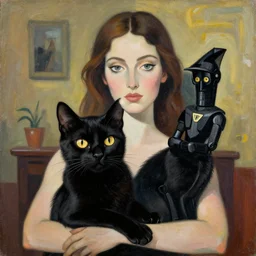 8 k uhd a black cat with golden eyes, portrait of woman with black cat by pablo picasso and android jones
